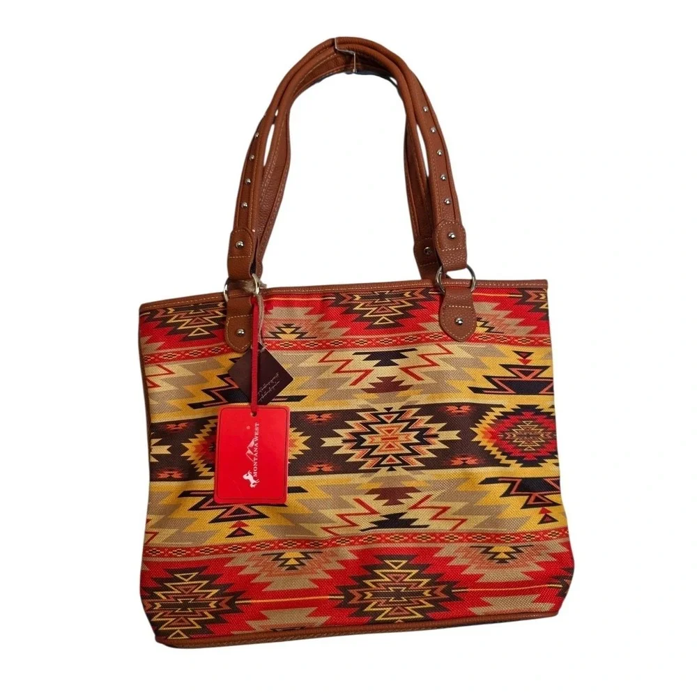 Montana West Aztec Tote Large Multicolor Southwestern Striped Studded Canvas New